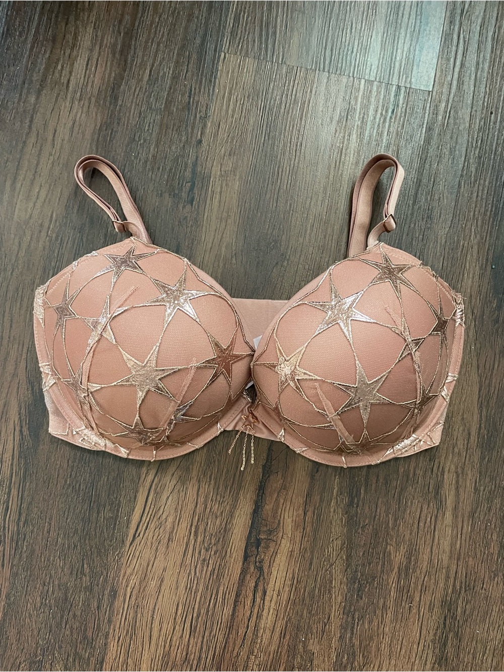 Victoria’s Secret VERY SEXY Push-up Bra Rose Gold Star Mesh Brown 34DDD NWOT